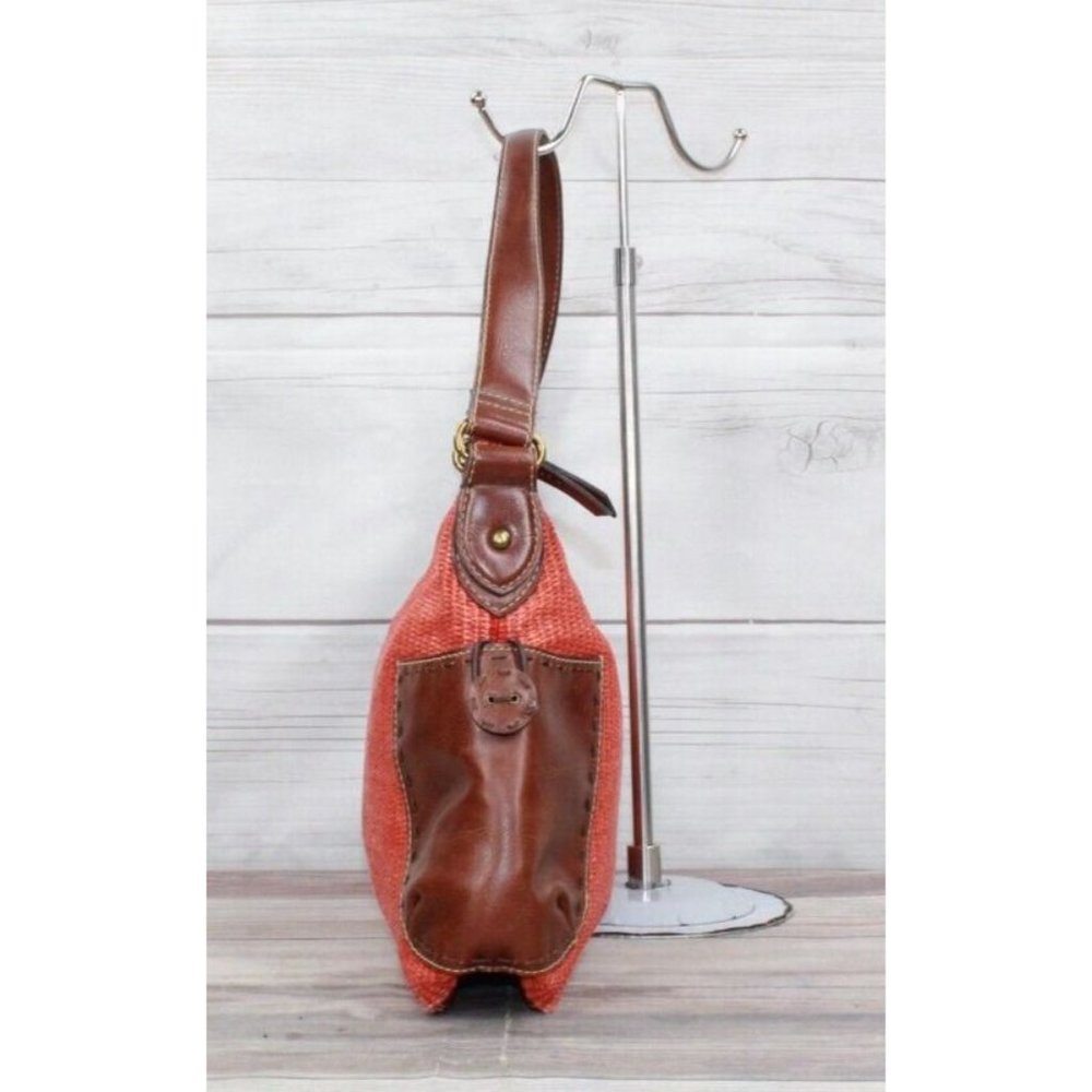 Fossil Brown Leather Strap Orange Woven Straw Lined Purse Shoulder Hobo Bag - Picture 4 of 9